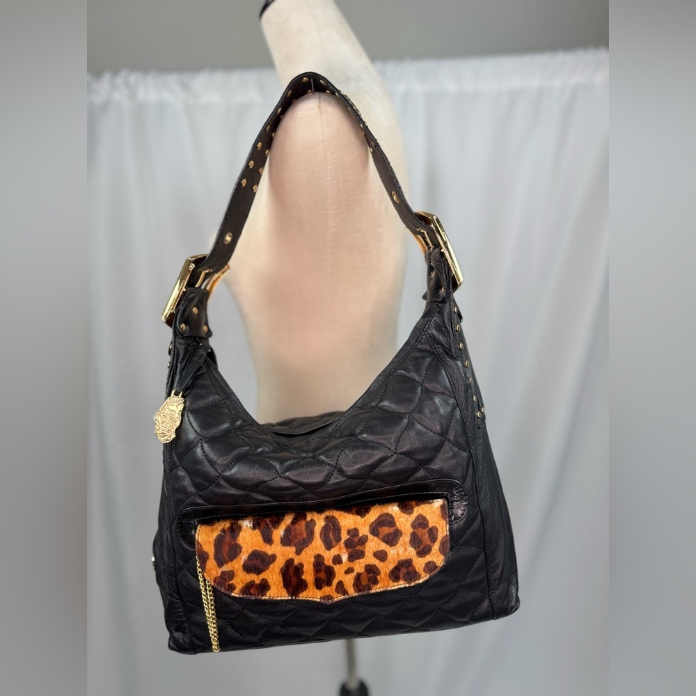 Carlos Falchi CHI Black Lambskin & Leopard Ponyhair Wallet Hobo